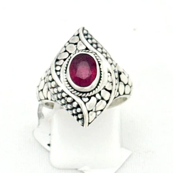Bali Sterling Silver and Ruby Pebble Textured Statement Ring Size 8 - NWT - Picture 2 of 8